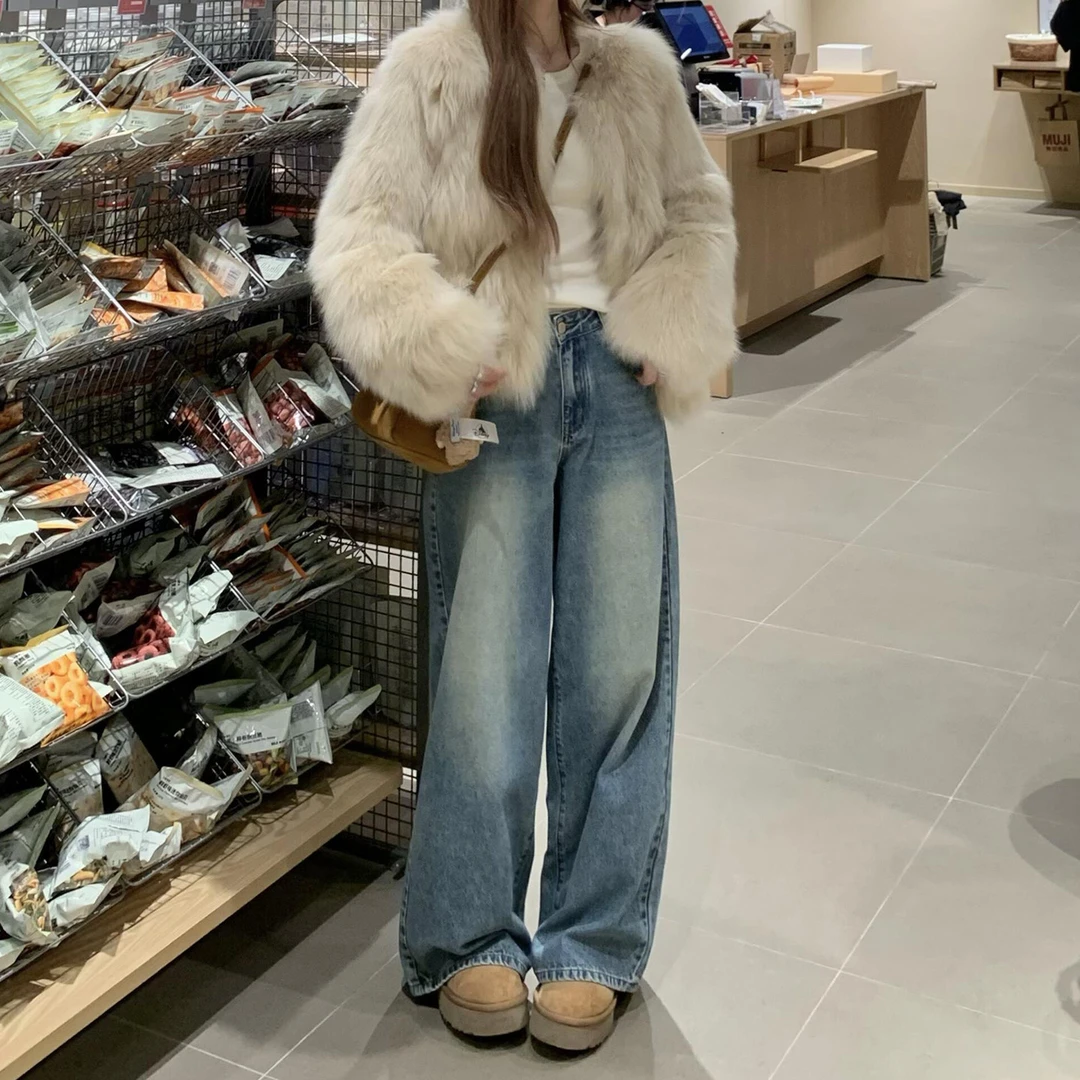 复古加绒阔腿牛仔裤女2025秋冬新款大码胖mm显瘦宽松垂坠感直筒裤