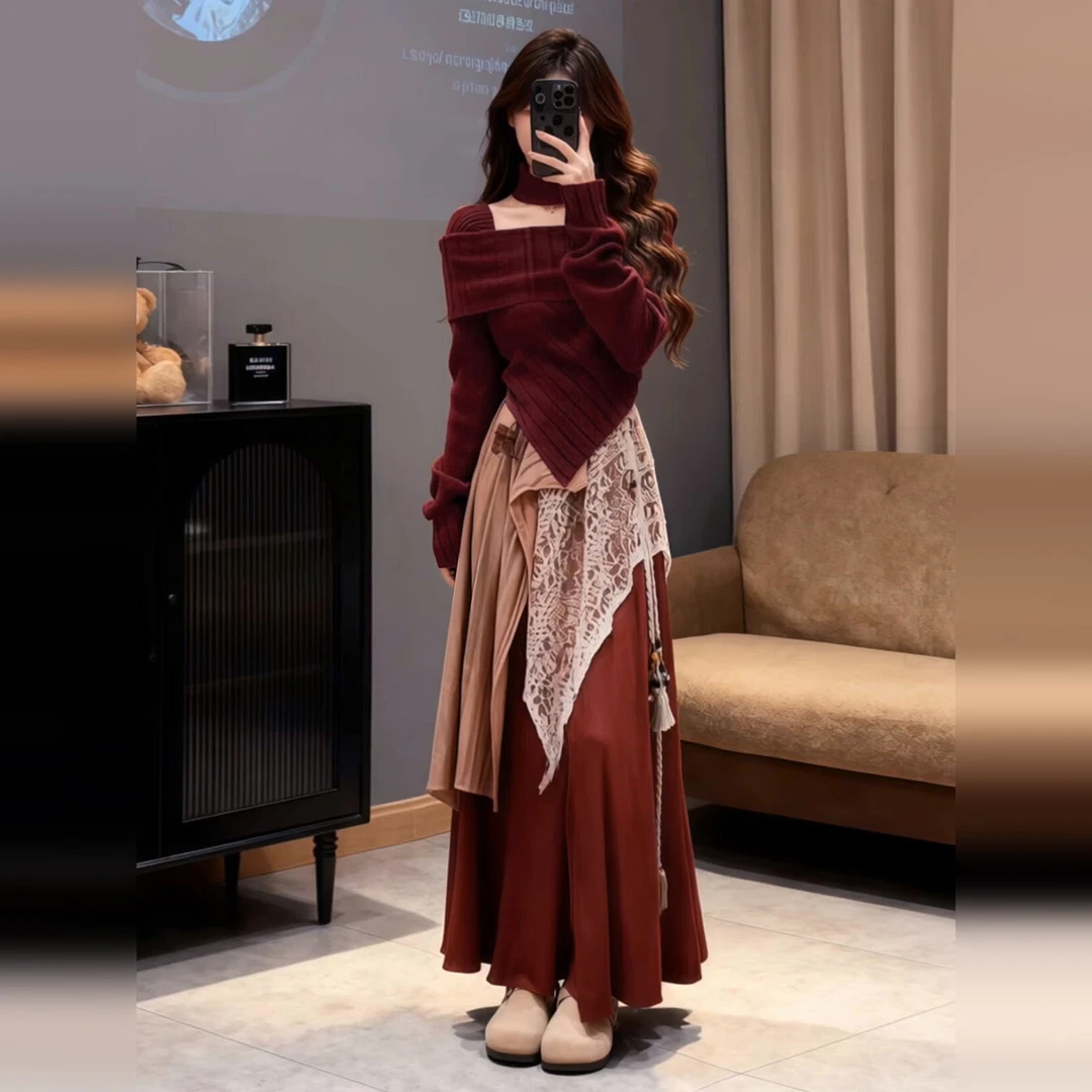 2025新款红色毛衣连衣裙女秋冬巨好看的针织长裙套装新年战袍穿搭