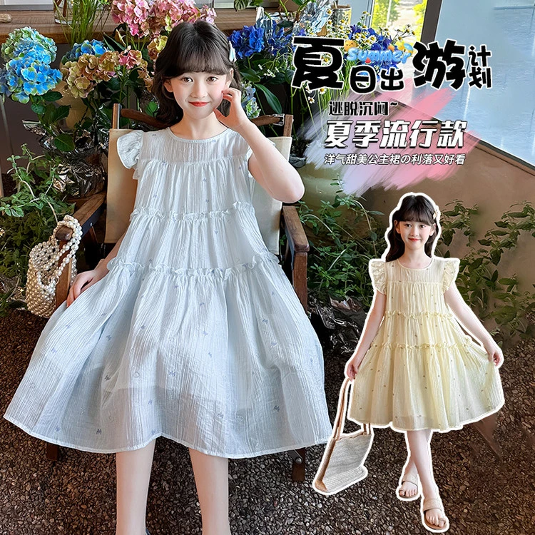 【丫丫童装】2025夏季新款女大童蝴蝶飞飞袖连衣裙休闲百搭-K927