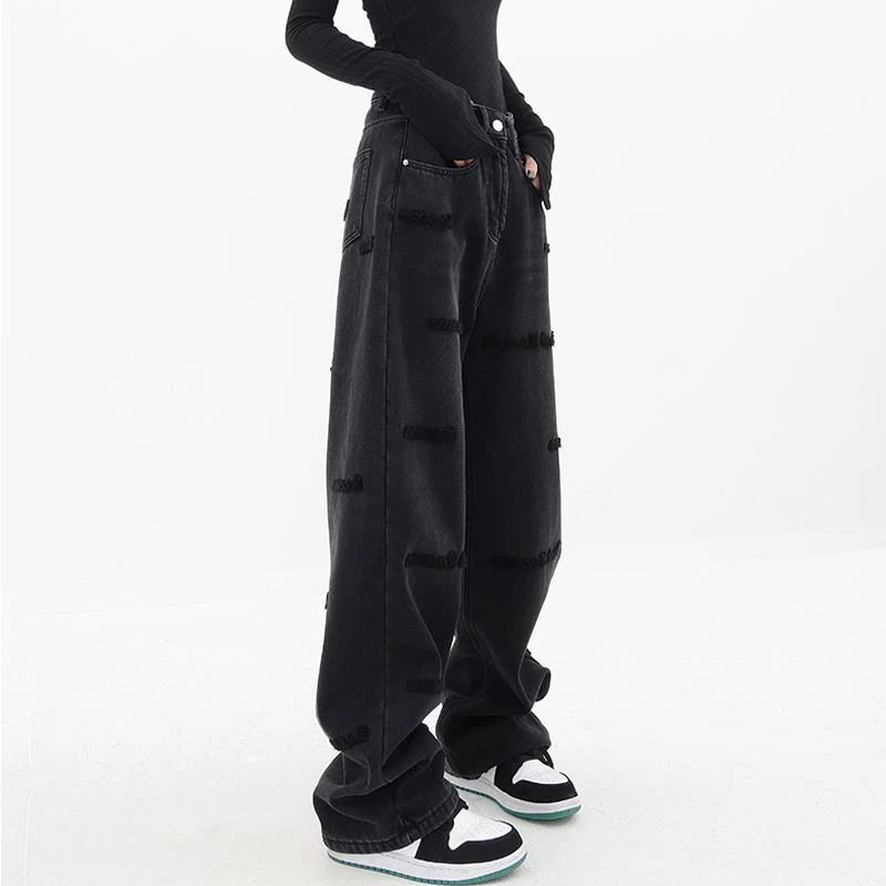 大尺码字母刺绣牛仔裤女胖妹妹高腰显瘦mm设计感小众宽松阔腿直筒