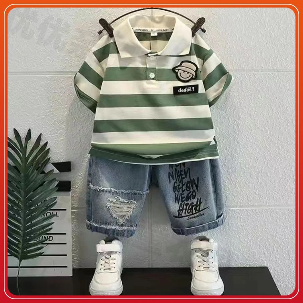 男童夏装套装2025新款洋气中小童条纹POLO衫帅气小男孩休闲两件套