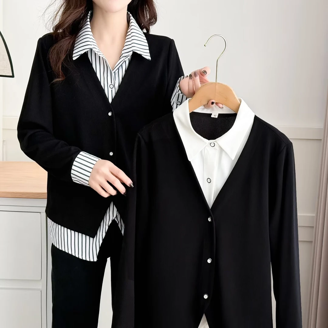 胖mm春秋韩版时尚假两件衬衫气质百搭宽松拼接长袖休闲学院风衬衣