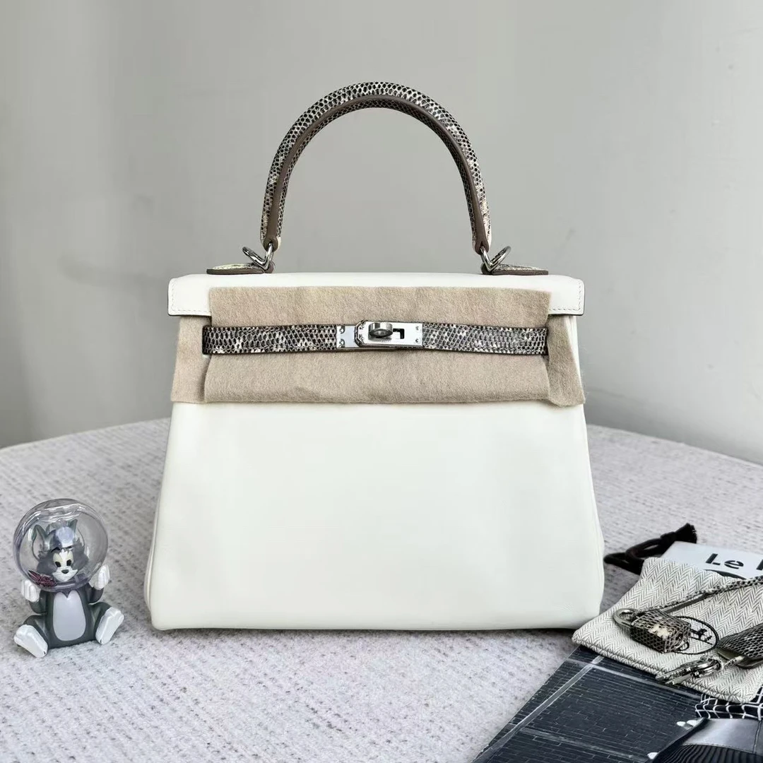 99新 Hermes/爱马仕 Kelly 25 原色蜥蜴touchW刻 银扣单肩包