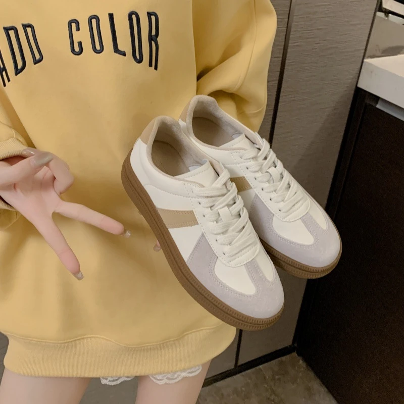 真皮复古德训鞋女2025春季新款运动厚底小白鞋百搭休闲阿甘鞋