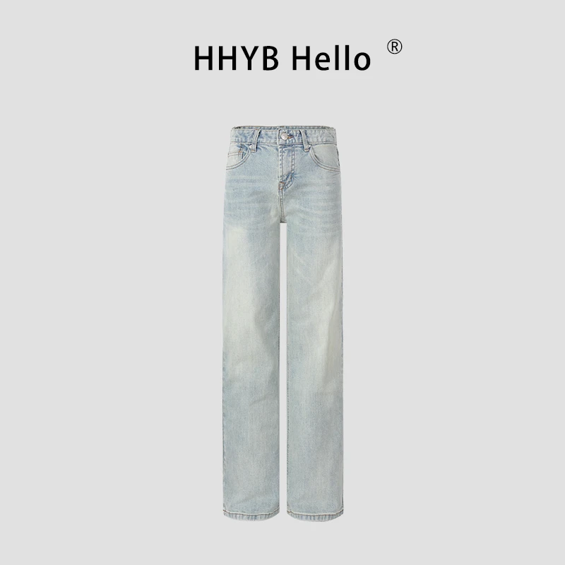 HHYB Hello水洗直筒牛仔裤女2025夏季新款美式复古牛仔裤Q254151