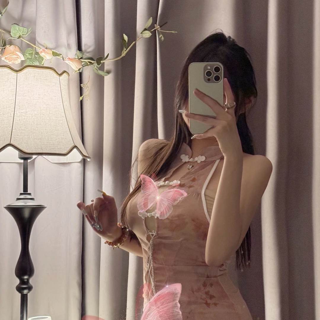 【桃花技】古风纯欲梦蝶盘扣镂空绑带旗袍制服睡衣套装性感短款显瘦