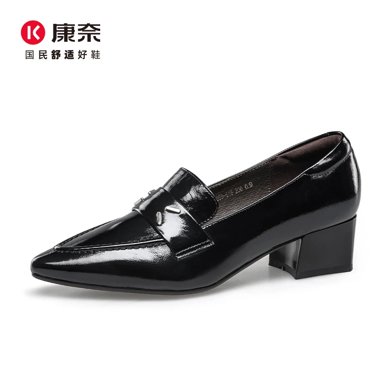 Kangnai/康奈52059专柜正品2025春真皮尖头粗跟漆皮时尚女乐福鞋