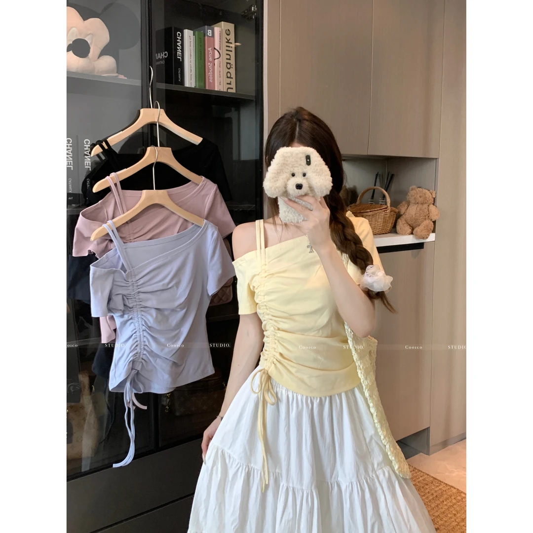 大码胖mm斜肩露肩短袖t恤女夏设计感小众不规则修身抽绳短款上衣