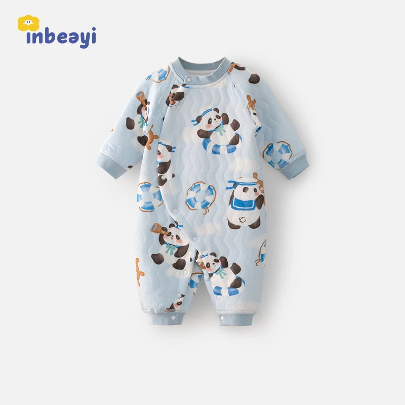 婴蓓依宝宝保暖连体衣服新生婴儿秋冬哈衣超萌加厚外出服A类无骨