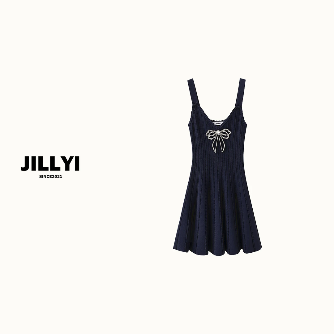 JILLYI【法式黑巧】深蓝色吊带洋气纯色夏季无袖时尚针织连衣裙