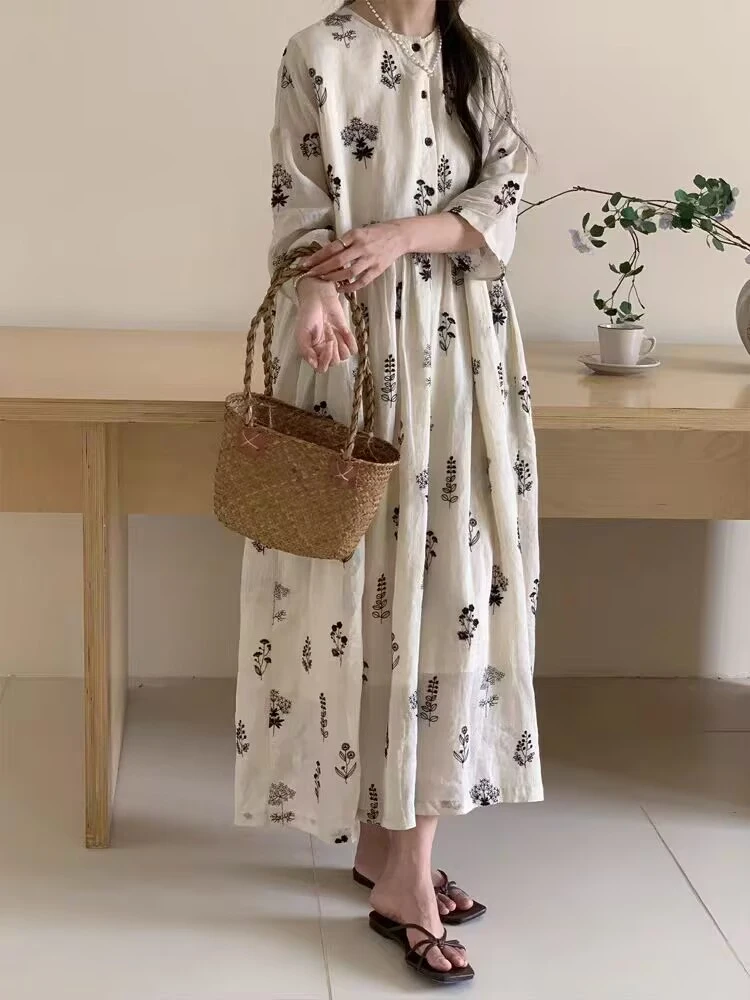 苎麻植物花卉印花连衣裙宽松显瘦气质长裙复古文艺棉麻袍子碎花裙