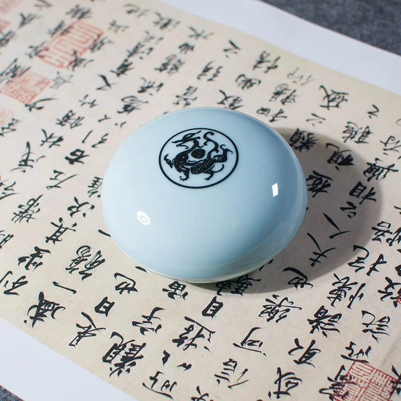 景德镇陶瓷印泥盒特大号复古印泥瓷缸高顶收纳盒便携锦盒国画书法