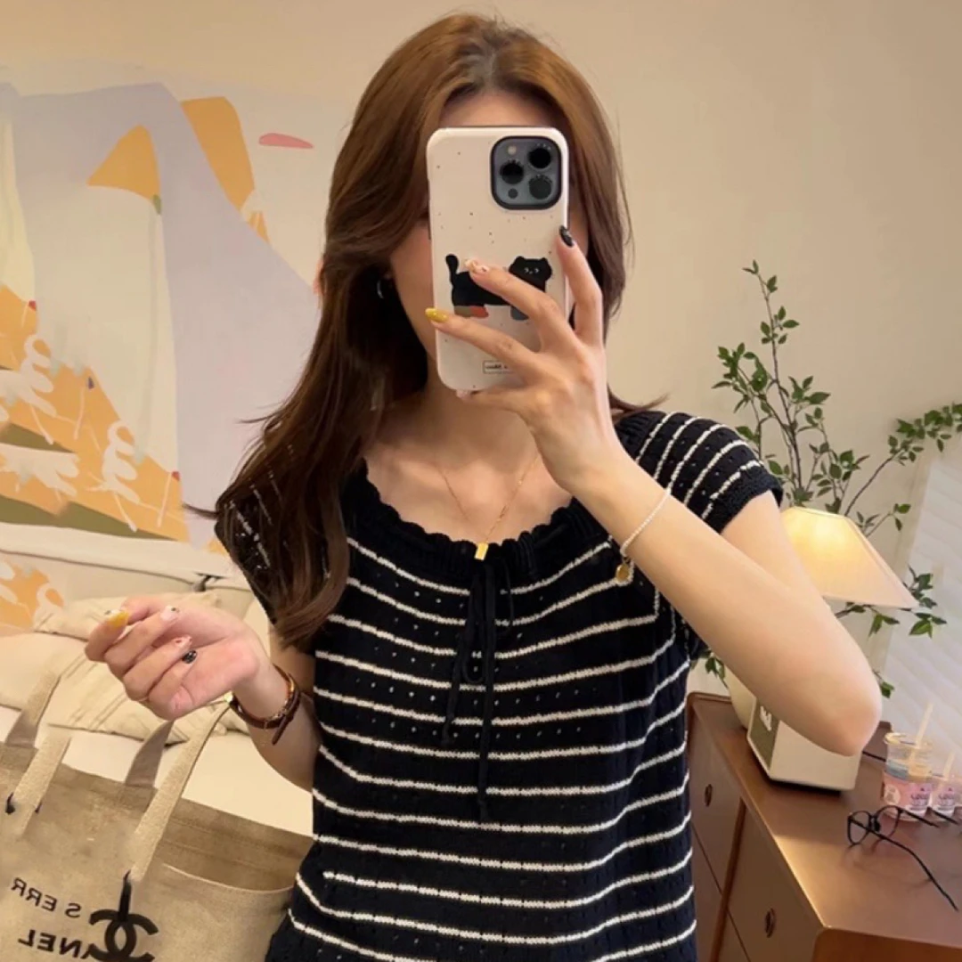 小个子高腰女短袖毛针织衫条纹设计感甜辣千金风夏季镂空薄款