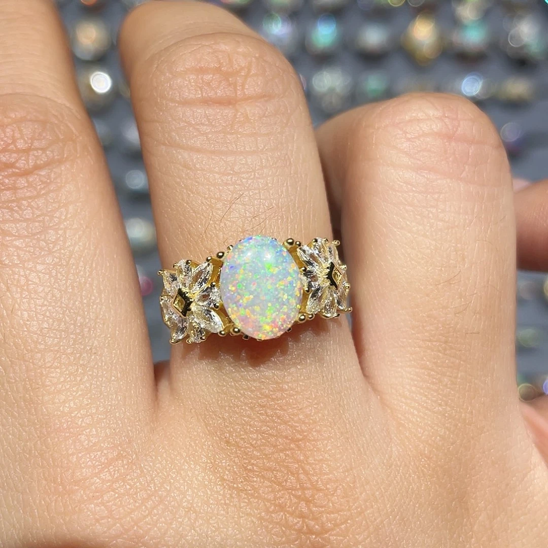 欧泊银S925镶嵌戒指澳大利亚白欧泊