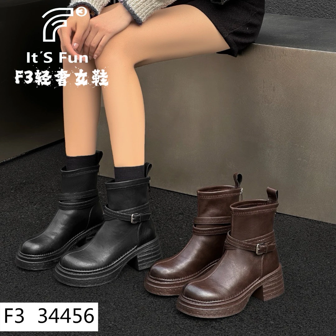 F3轻奢女鞋靴子复古粗跟单靴女马丁靴百搭中筒冬厚底轻奢厚款
