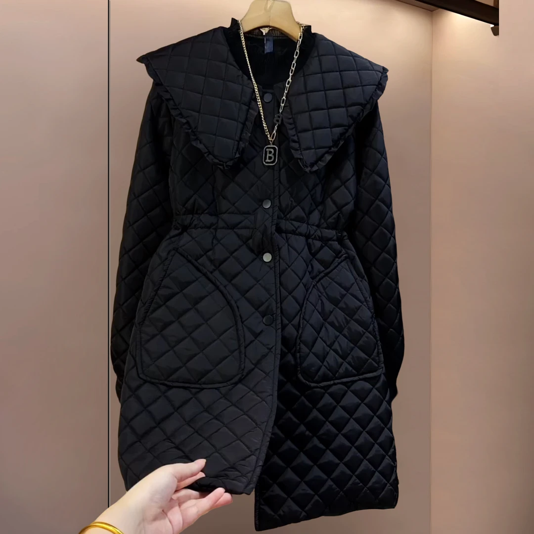 秋季款大码女装胖妹妹黑色娃娃领收腰显瘦遮肉宽松长袖夹棉单外套