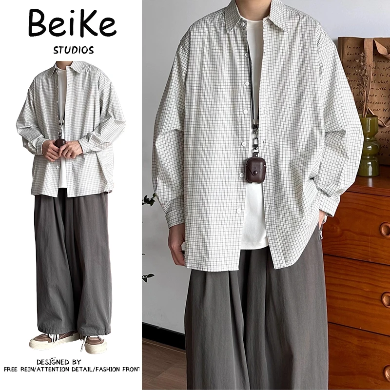 日系复古黑白格子长袖衬衫外套男女生春秋宽松休闲内搭衬衫叠穿