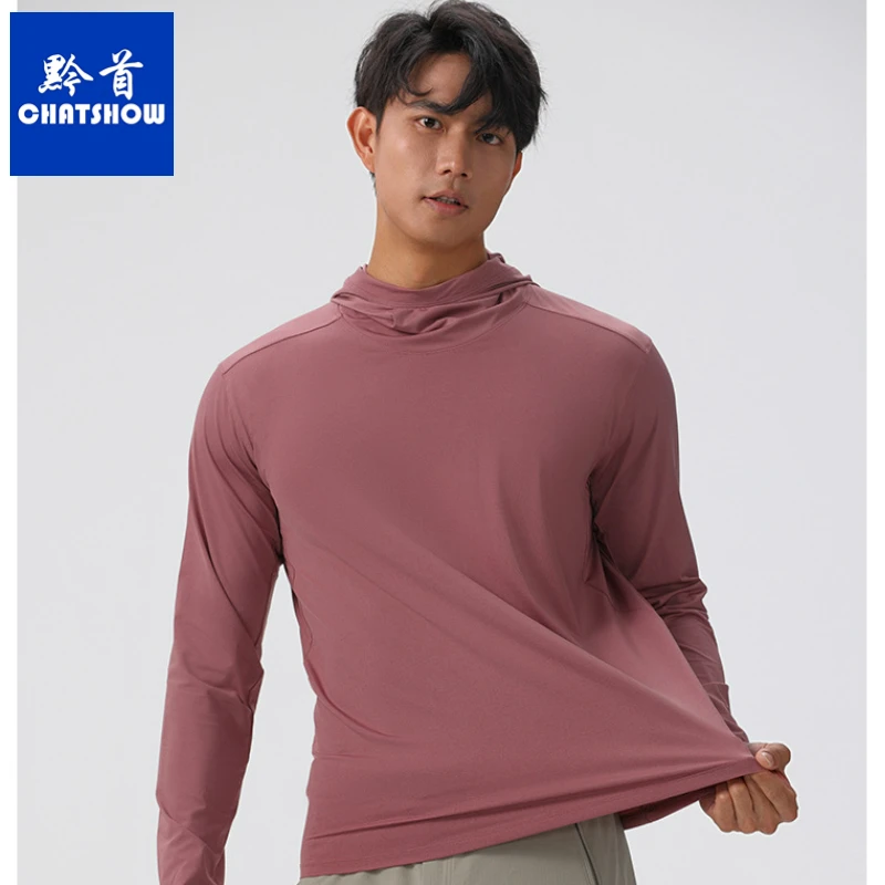 高档男士轻量透气连帽运动休闲长袖T恤春夏时尚高弹新款冰丝t恤衫