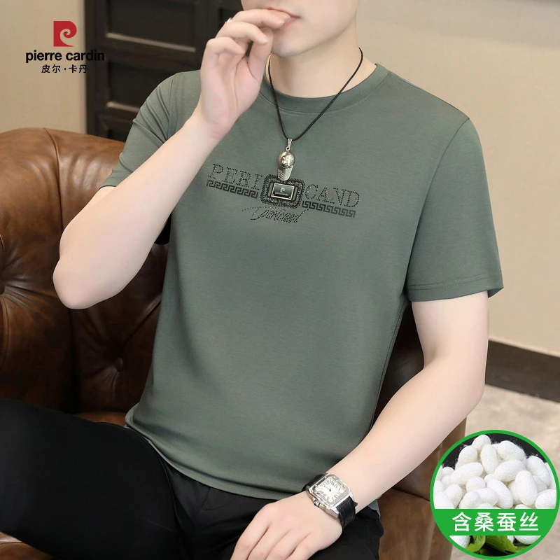 皮尔卡丹  高档轻奢桑蚕丝男士短袖T恤夏季时尚休闲百搭圆领半袖