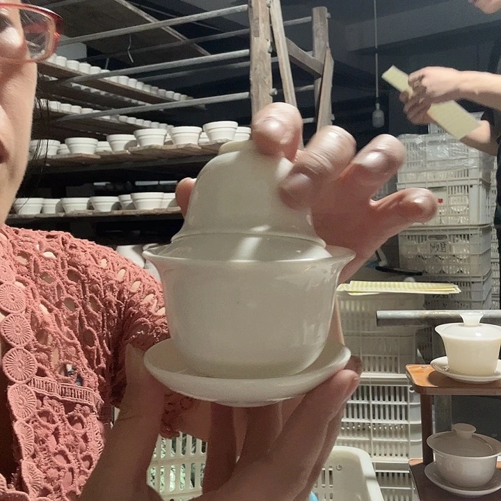 半***生羊脂玉陶瓷三才盖碗130ml一个铃铛杯收纳包