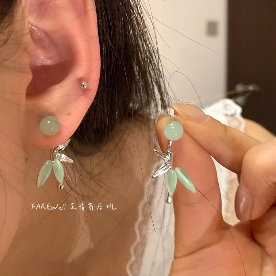 合金耳饰 新中式国风绿色竹叶耳钉小清新优雅气质耳环时尚通勤