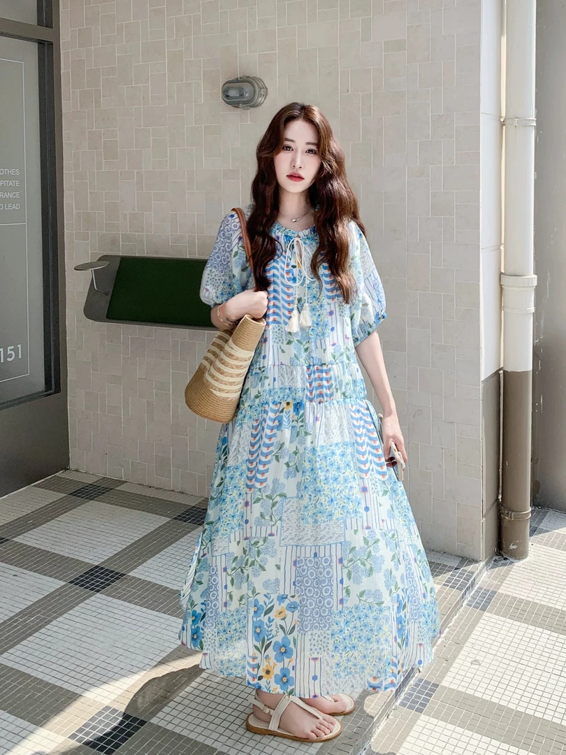 【海边花镇】25夏季新款时尚法式小清新碎花宽松连衣裙.K50705a