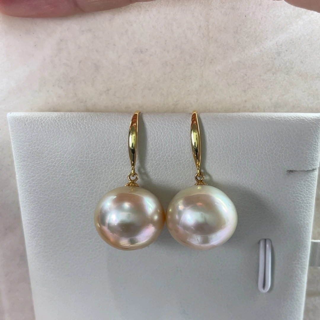 18K金镶嵌耳饰海水珍珠狐*干枯玫瑰14-15m m