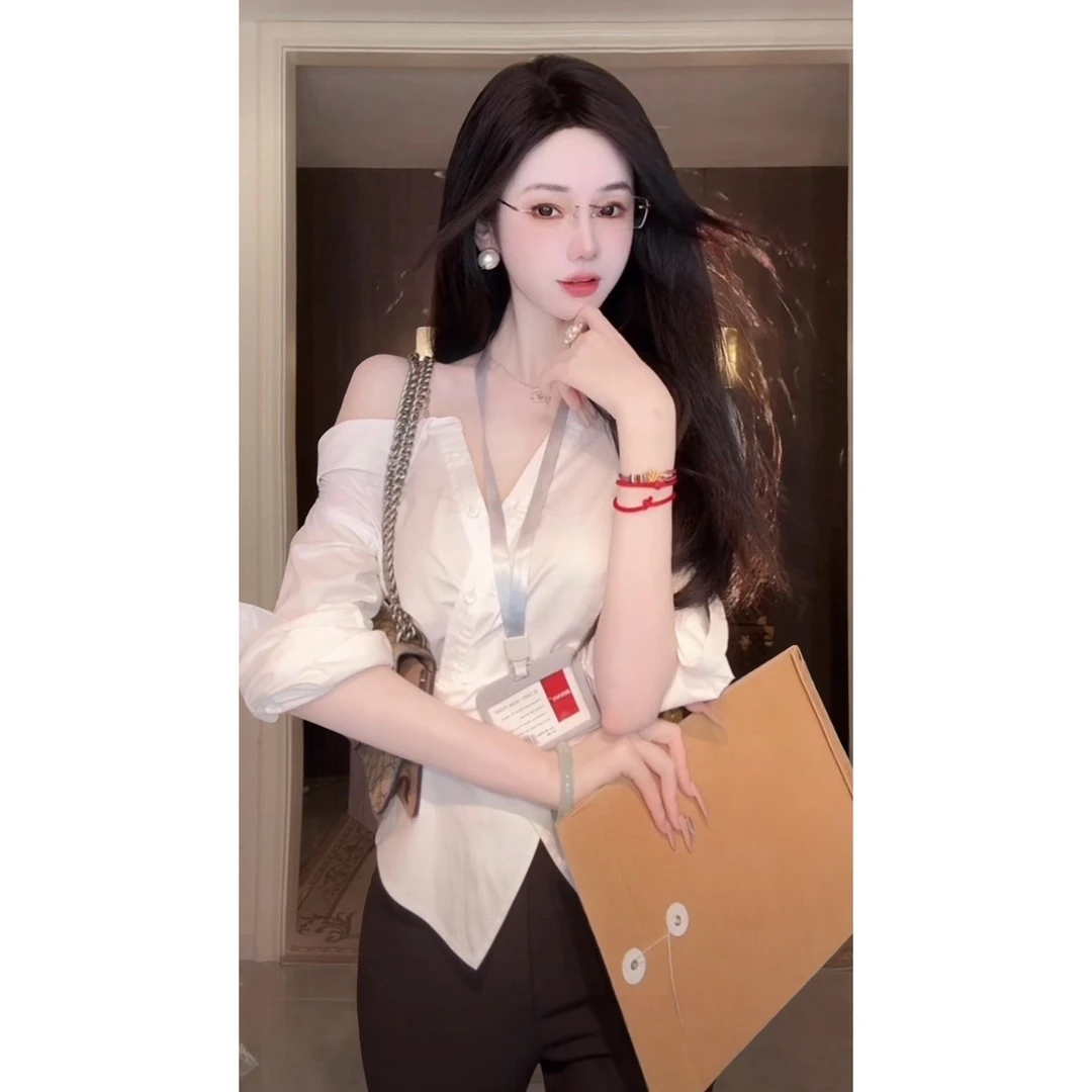 【雅乔定制】摩登时尚 设计感不对称露肩白色长袖衬衫DYYK-25052489