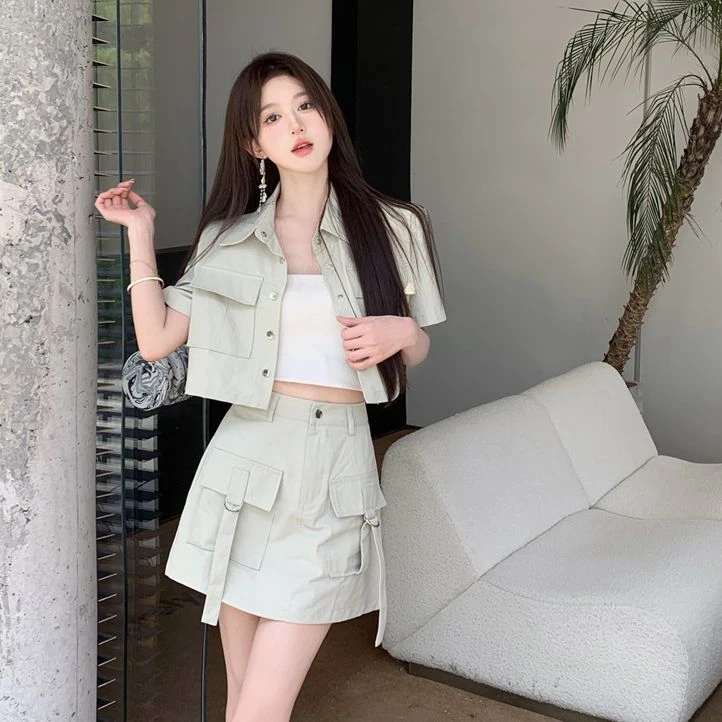 包包专属大码夏季新款工装风上衣+半身裙两件套9296