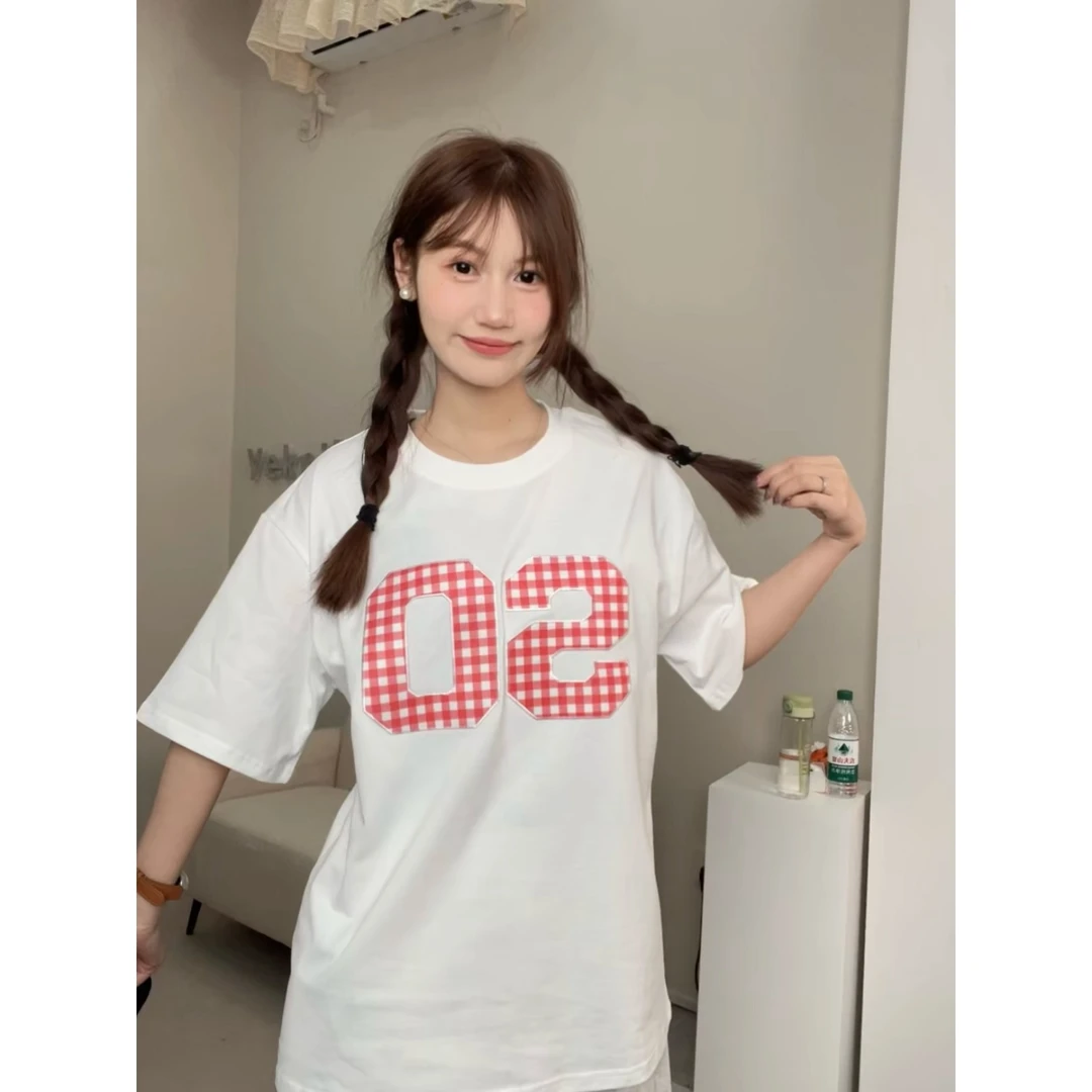 宽松贴片刺绣字母圆领打底套头短袖T恤女CX017