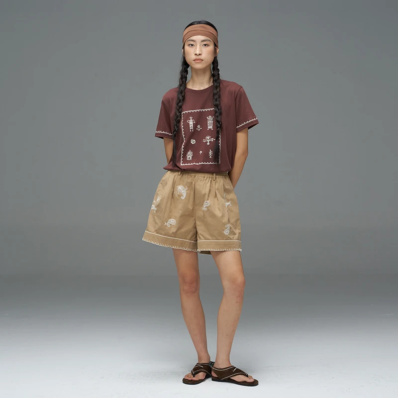 THE ENES 百搭松紧腰刺绣休闲A字短裤女宽松休闲裤