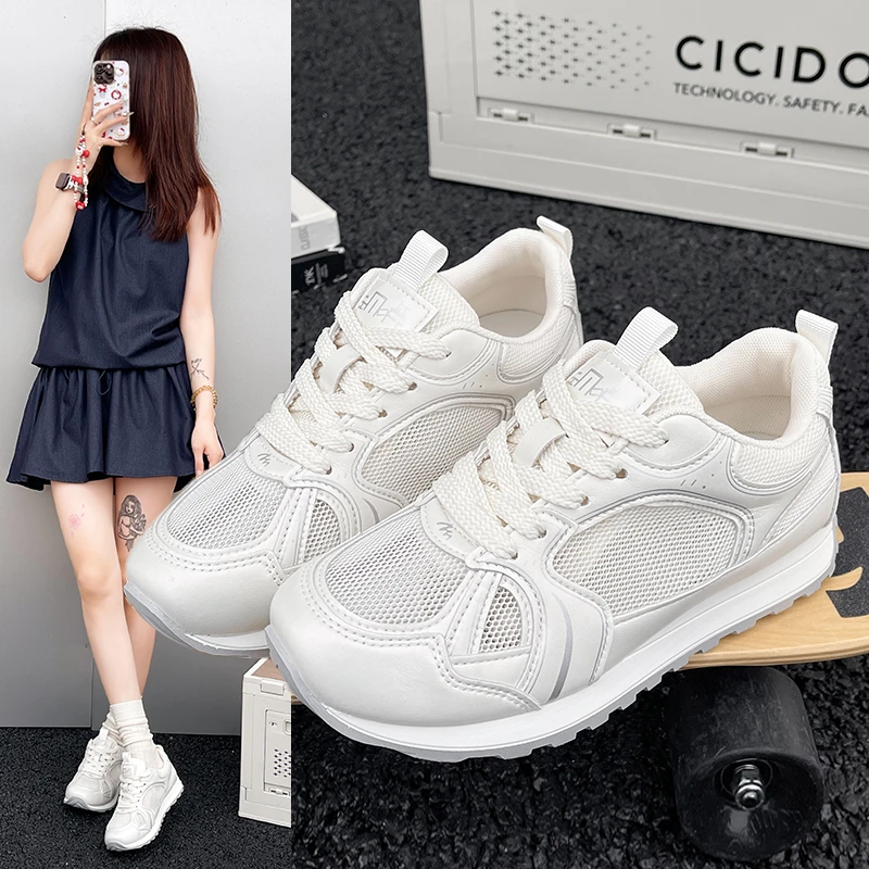 网面阿甘鞋女2025夏季新款圆头厚底透气舒适休闲运动鞋