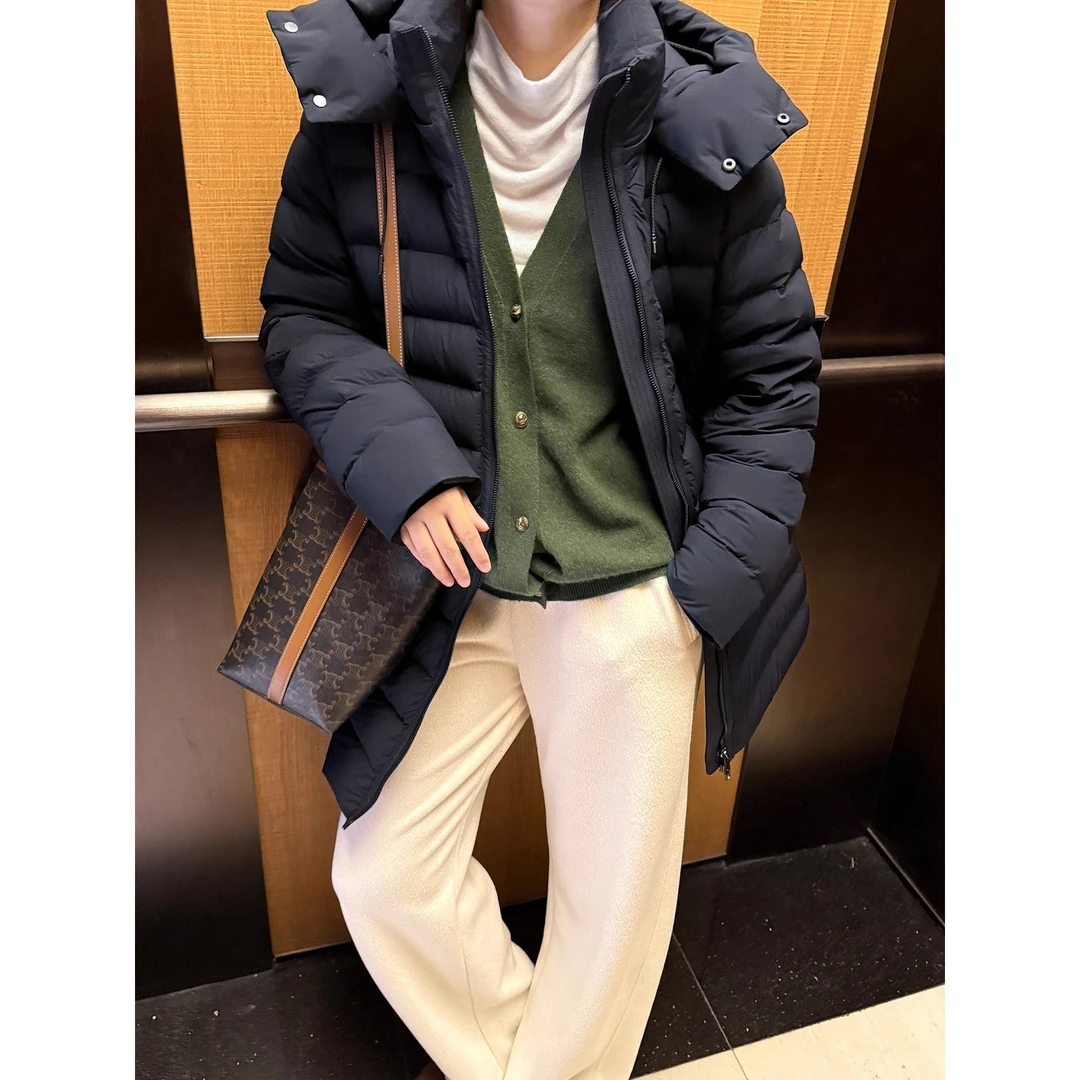 DUCURNO黑色连帽羽绒服女冬季2025年新款休闲气质加厚中长款外套