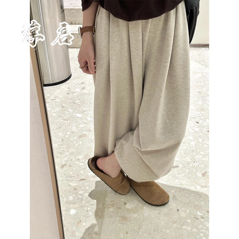淳启灰色松紧腰毛巾休闲卫裤女秋冬春秋松弛感慵懒风垂感拖地长裤
