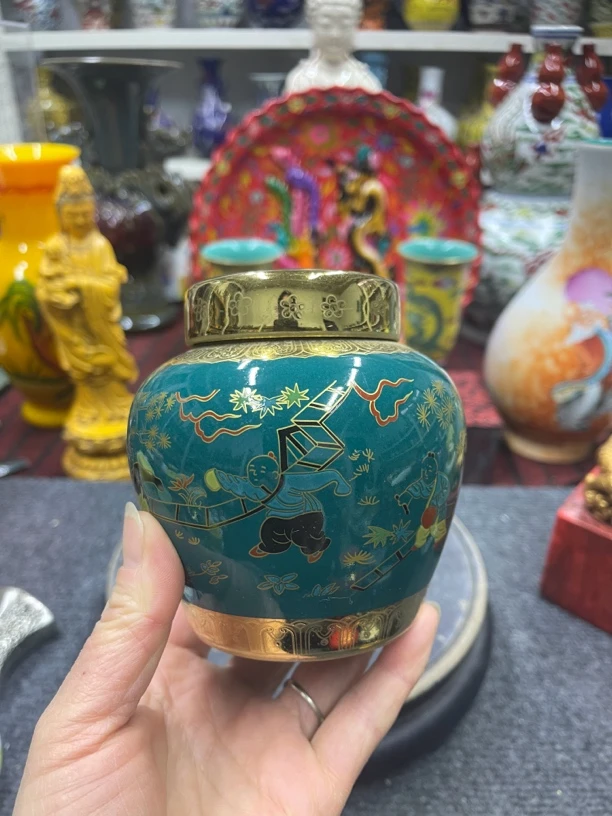 金包瓷描金婴戏图天字罐茶叶盖罐