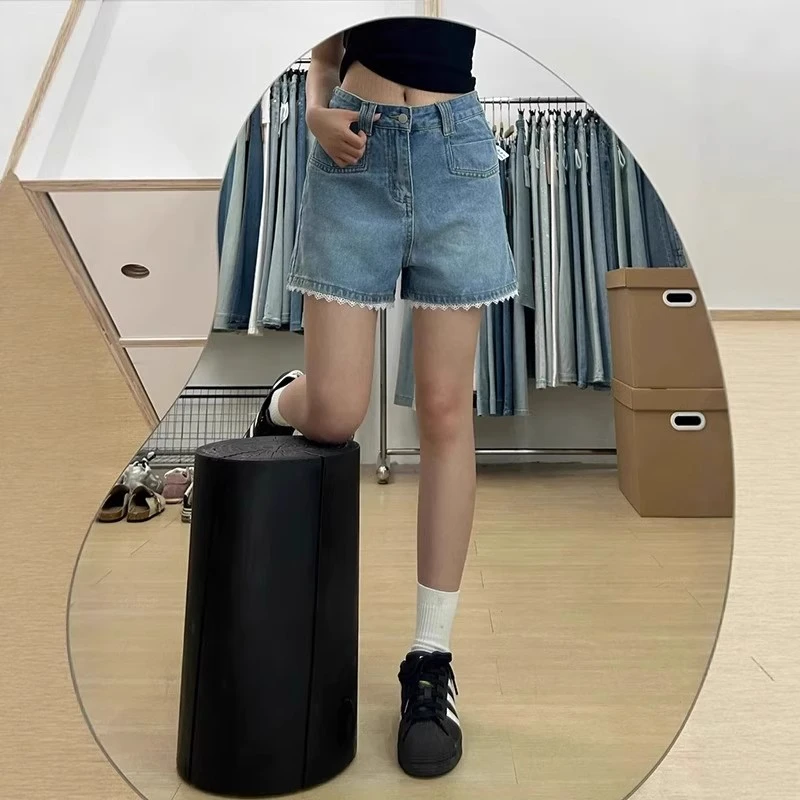 夏季薄款胖MM大码女装蕾丝花边牛仔短裤梨形高腰显瘦A字阔腿热