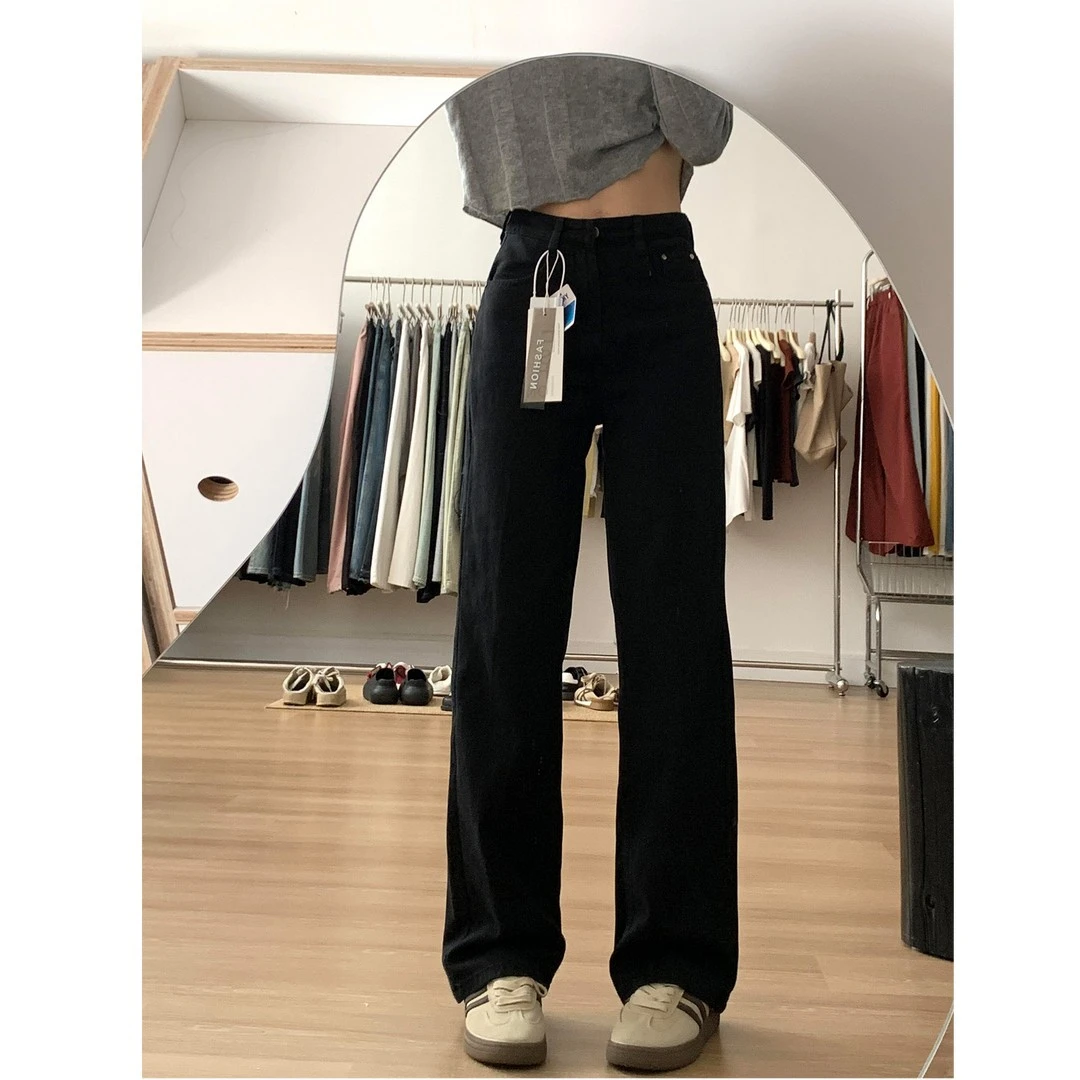 冬季黑色直筒加厚遮肉显瘦女牛仔裤大码梨型身材高腰宽松遮胯裤子