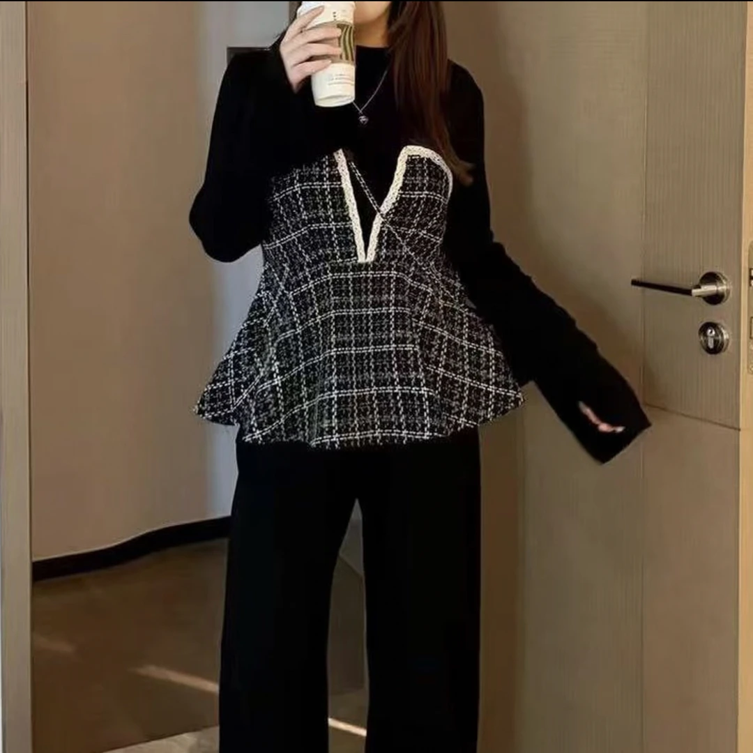 冬季新款大码加厚小香风假两件上衣气质名媛女装格子拼接上衣