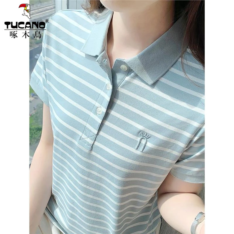 啄木鸟~夏季翻领修身显瘦t恤半袖带领正肩条纹纯棉百搭短袖女上衣