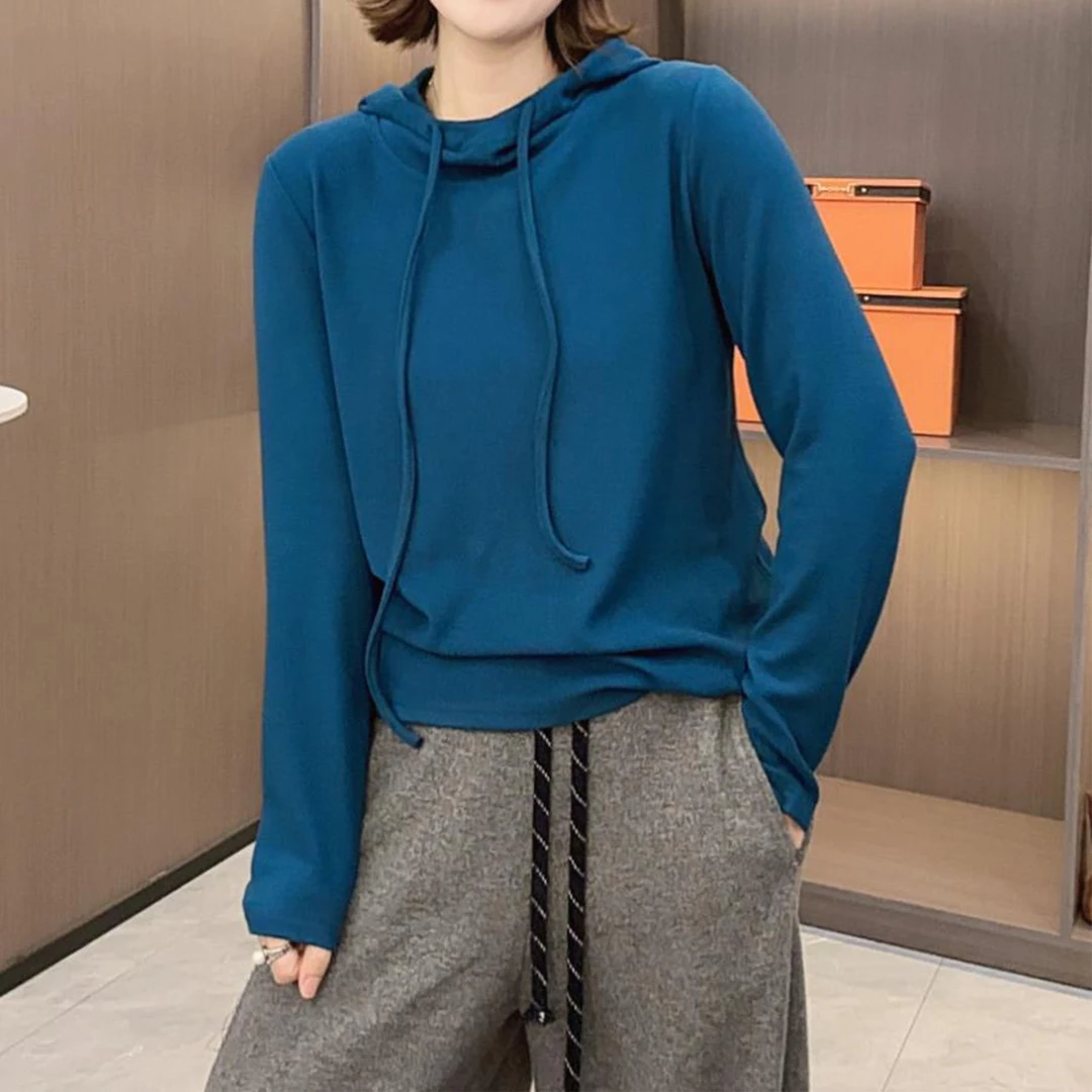 时尚百搭纯色双面绒连帽卫衣女2025年秋冬新款洋气显瘦套头打底衫