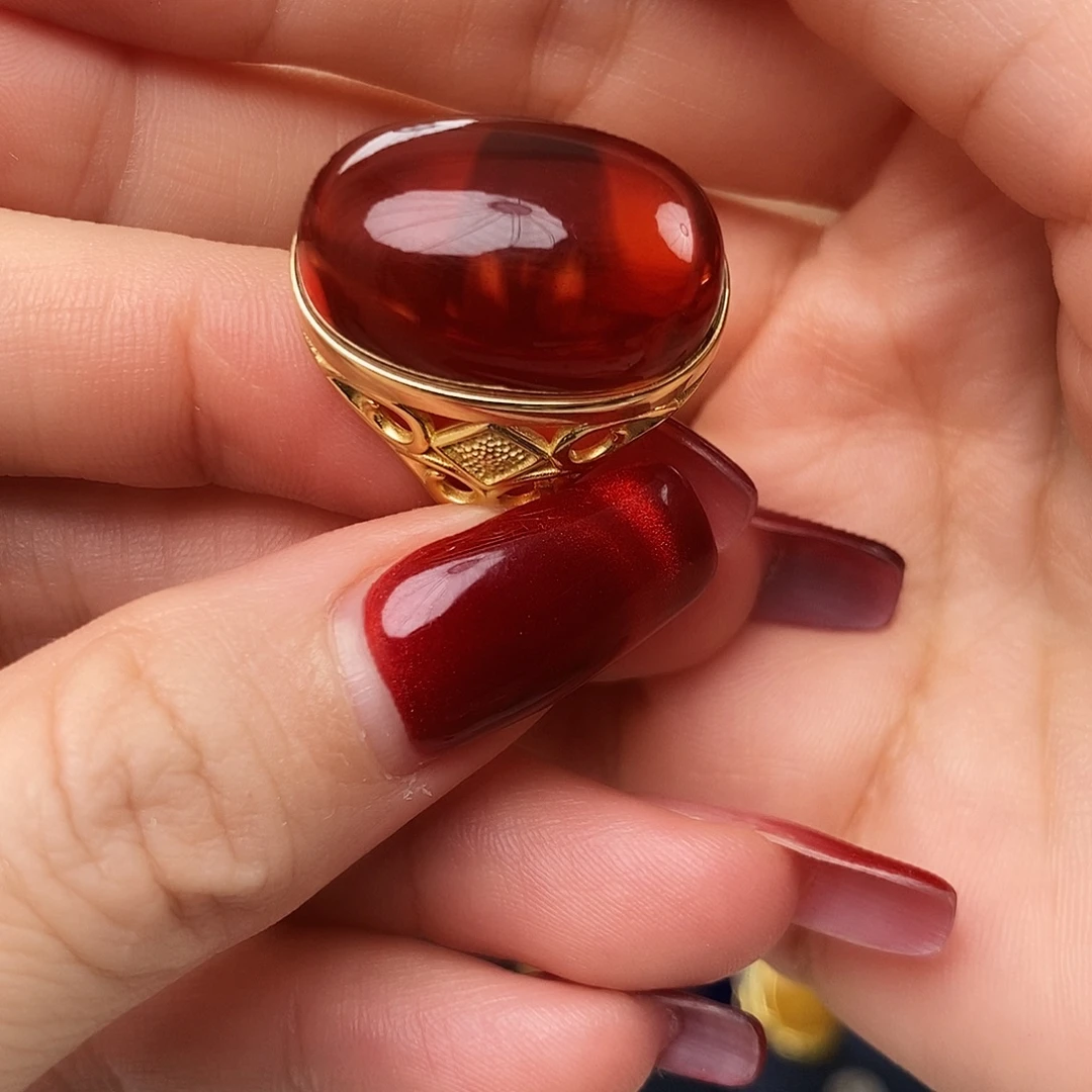 血珀银S925镀金镶嵌戒指