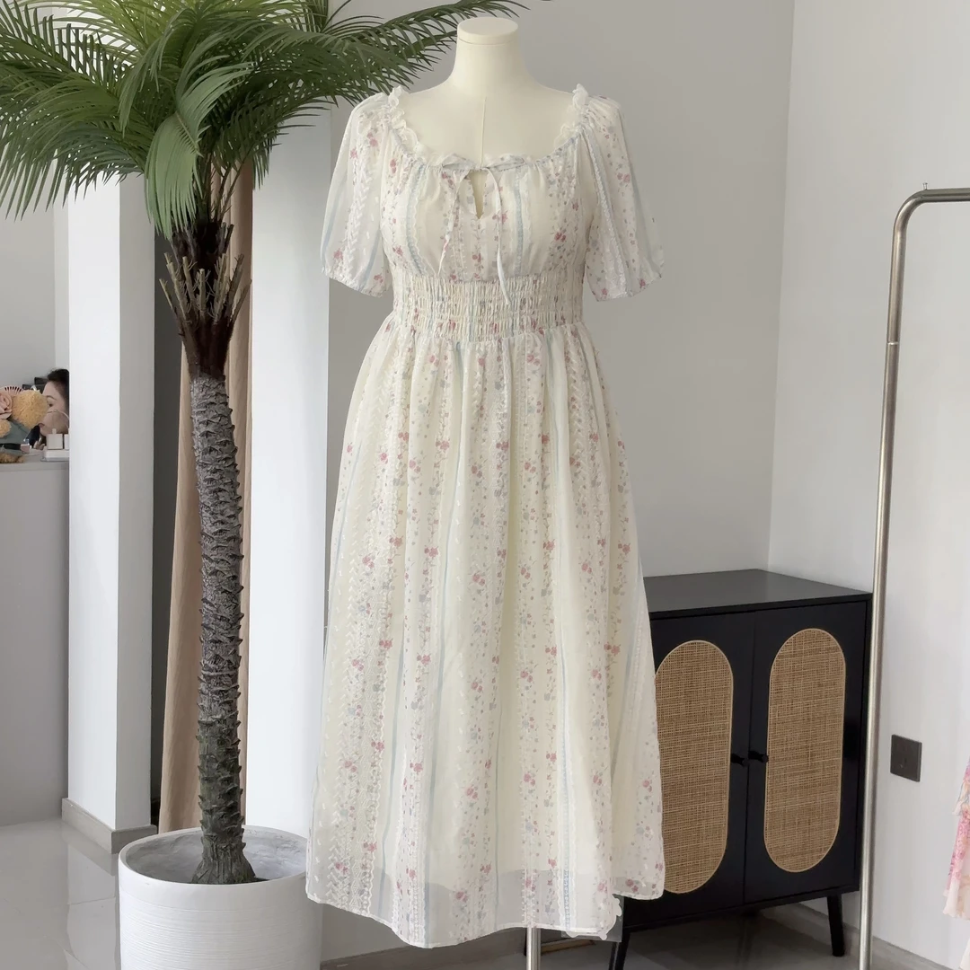 莫奈花园｜大码胖mm清新长款方领短袖碎花收腰女夏季法式a字裙子