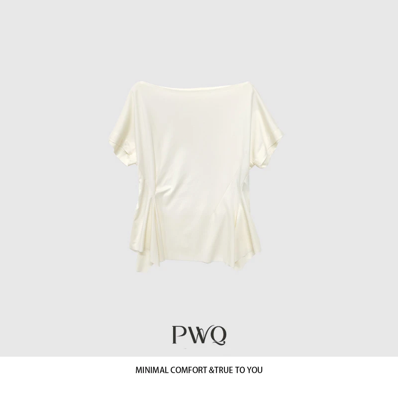 上衣T恤一字领腰部褶皱不规则设计感显瘦HJ-2560214XX-QP