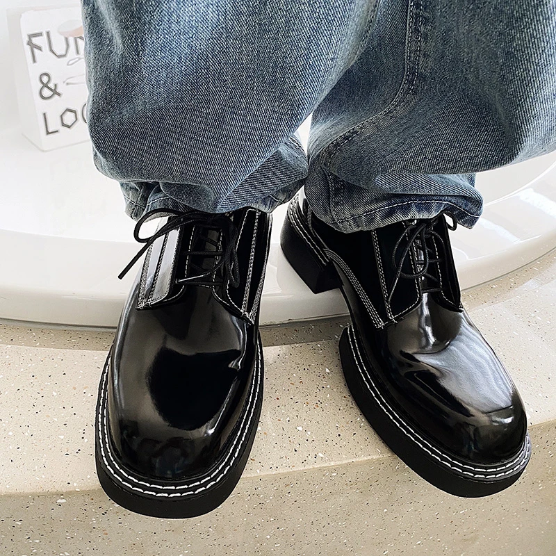 2326-1男鞋休闲百搭皮鞋黑色潮流系带漆皮韩版复古英伦风男士