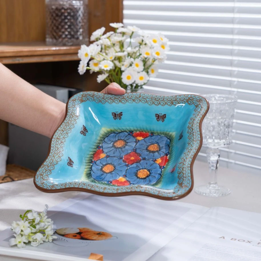 【琉璃蓝】手绘8寸四方花边盘 加厚防烫轻奢餐盘欧式盘