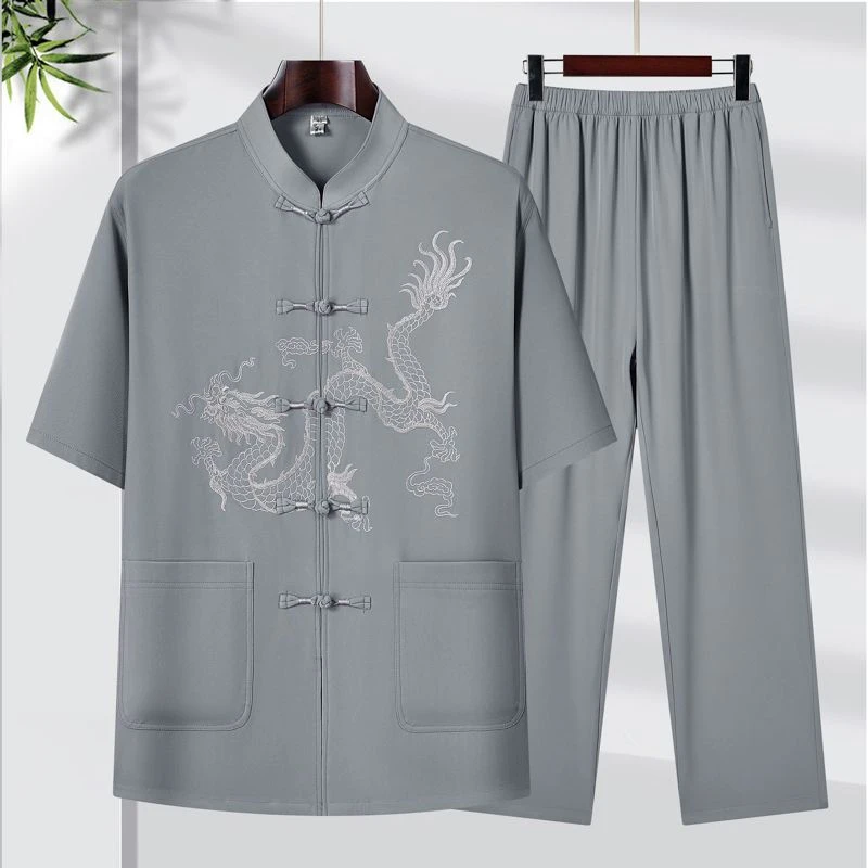 袋鼠薄款唐装男夏季立领短袖长裤爸爸装中国风刺绣中老年套装上衣