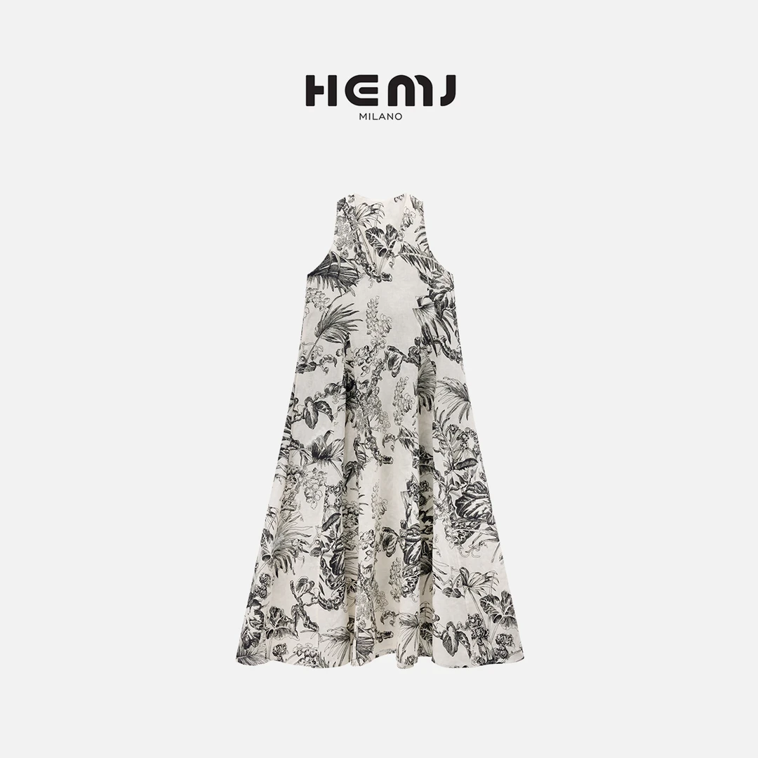 HEMJ 和梦洁“黑白素描”复古印花连衣裙气质无袖透气裙 CM2B2001