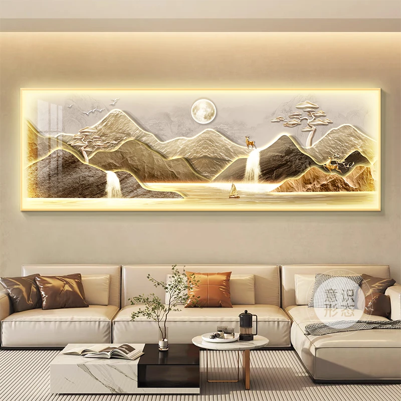 背靠金山客厅装饰画轻奢高级感led灯沙发背景墙壁画大气山水挂画