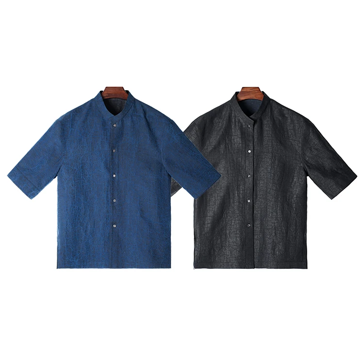 99310 男士立领短袖 桑蚕丝龟裂纹香云纱男装新中式宽松休闲上衣