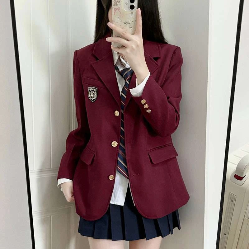 元兮少女 藤泽高三粒扣西服原创jk制服酒红色学院风校供西服外套